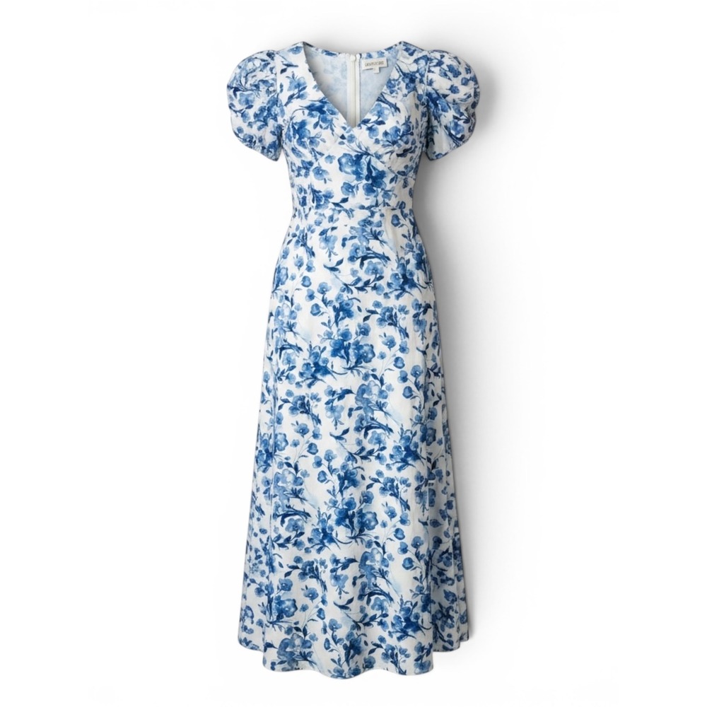 Abercrombie & Fitch Blue Floral Puff Sleeve Midi Dress XS V-Neck Pockets Smocked